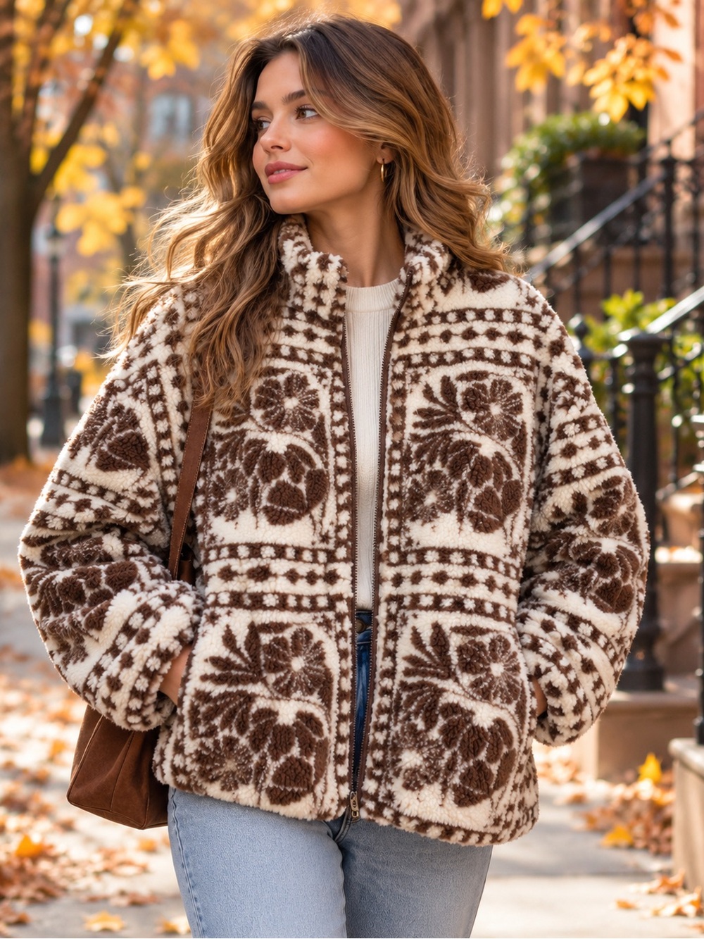 CIDER Women’s Medium Brown Cream Floral Sherpa Fleece Zip Jacket